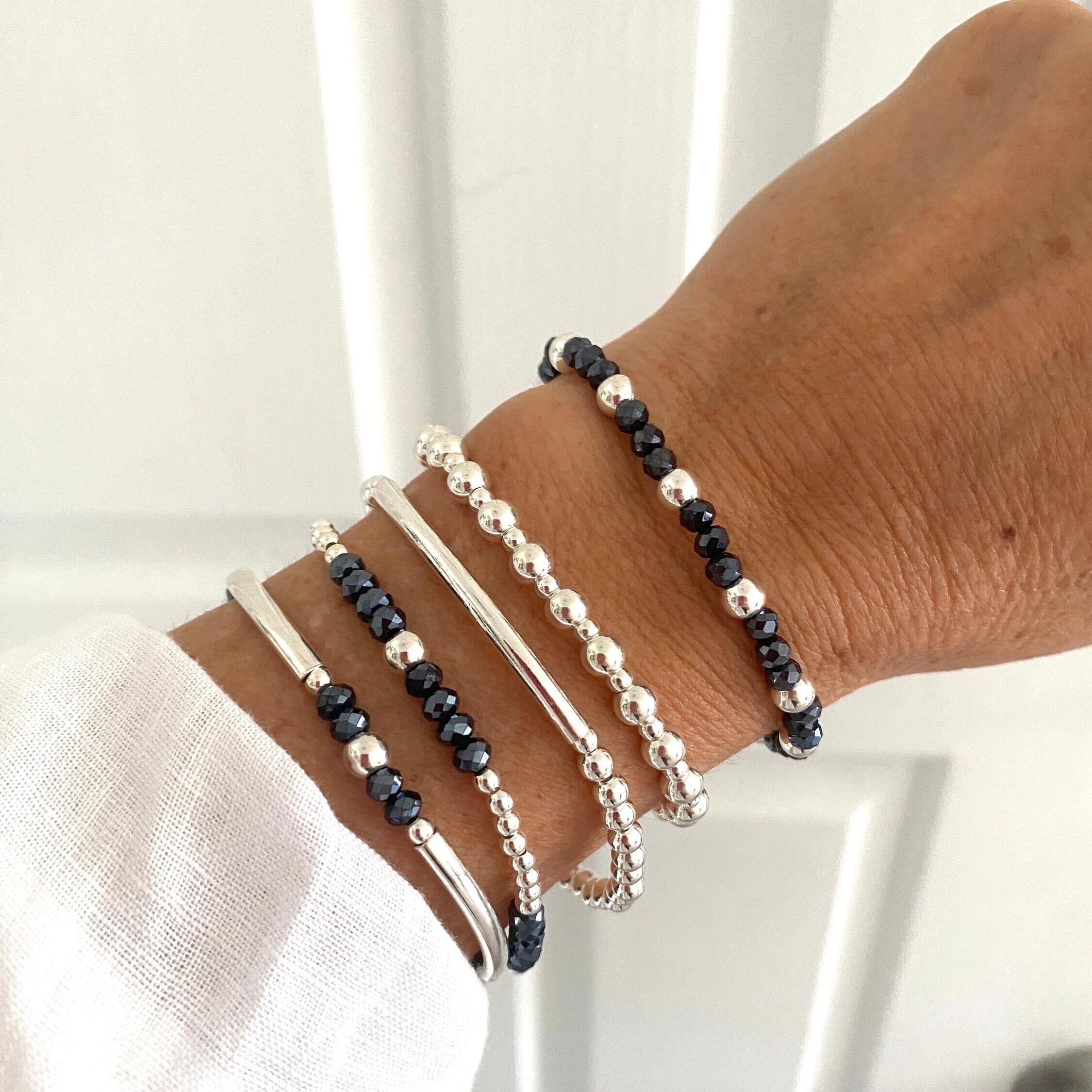 Blue crystal sterling silver beaded bracelet stretchy jewelry set gift for women