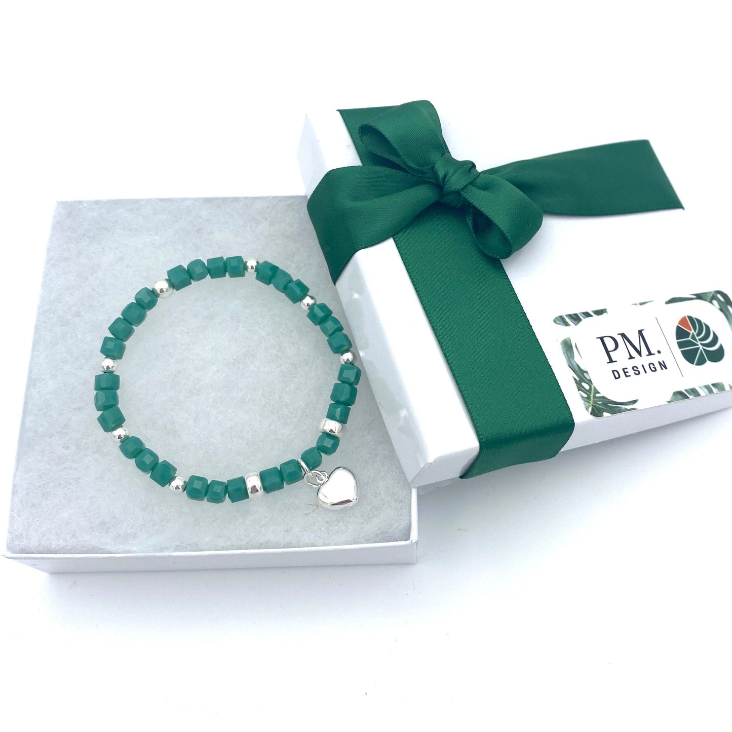 Sterling Silver Blue and green Crystal Bracelet with Personalized Charm for Her