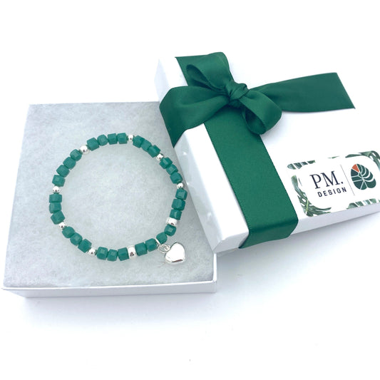 Sterling Silver Blue and green Crystal Bracelet with Personalized Charm for Her
