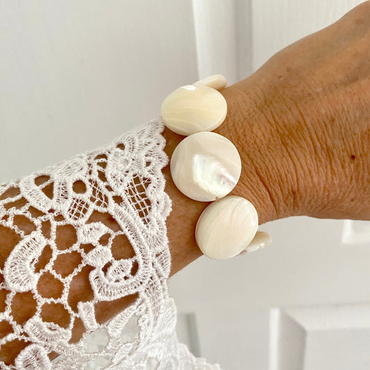 Maxi Mother of Pearls sterling silver bracelet large pearl stretchy jewelry maximalist women gift