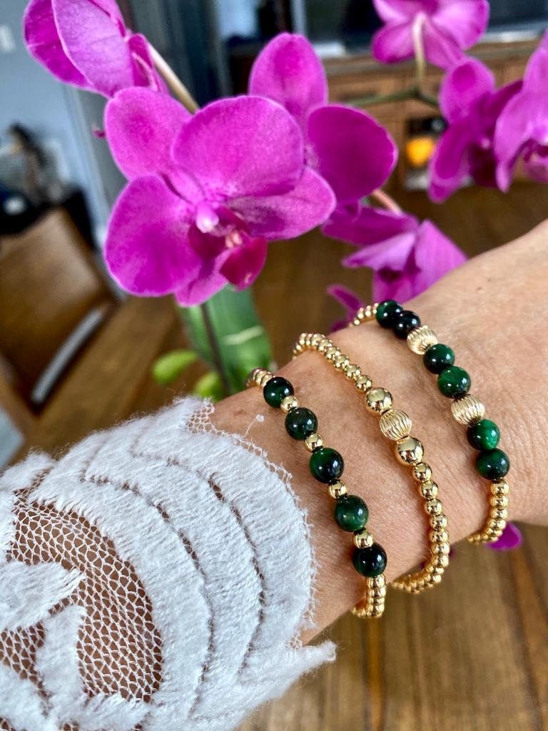 Gold Filled Green Bracelet Tiger Eye Beaded Jewelry for Women