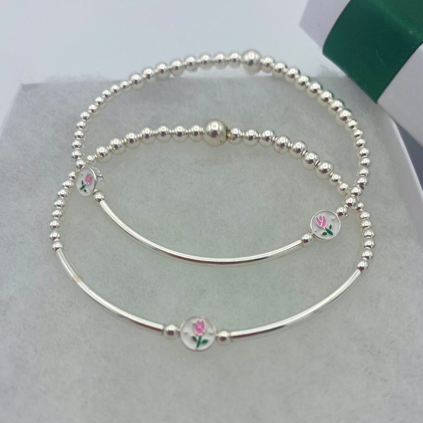 Silver Flower Charm Bracelet Pink Tulip Gift Set for Women