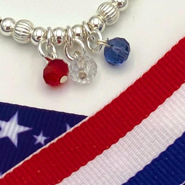 Patriotic crystal charm bracelet silver flag jewelry 4th of July gift set