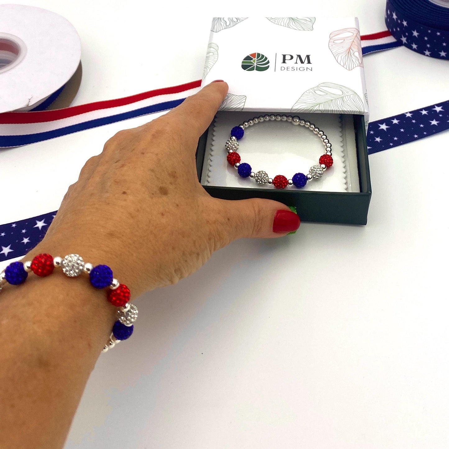 Red white blue bracelet USA crystal jewelry patriotic stretchy gift for her