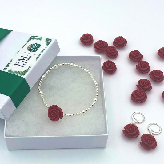 Personalized red rose jewelry set sterling silver spring gift for women