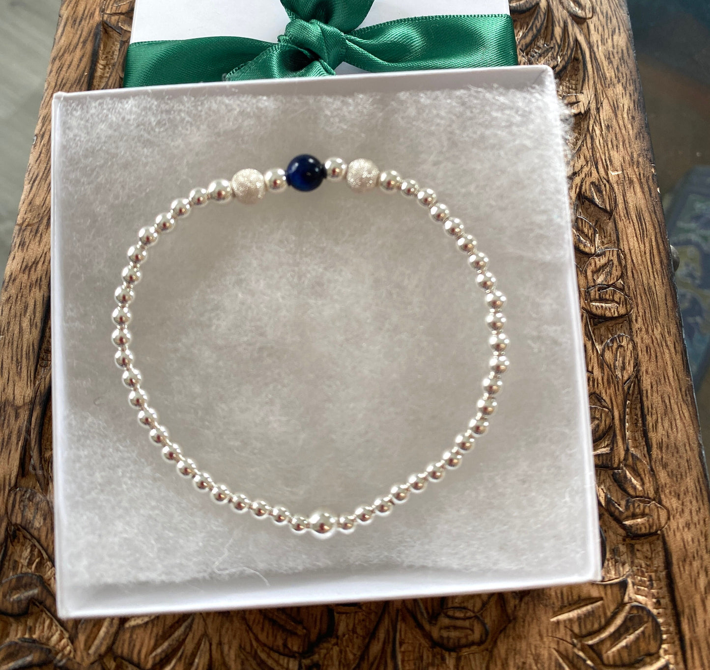 Sterling Silver Blue Gemstone Bracelet Set with Tiger Eye and Stardust Beads