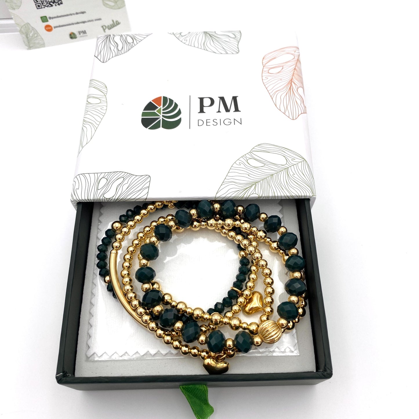 Gold Filled Green Bracelet Set with Heart Charm Elegant Gift for Her