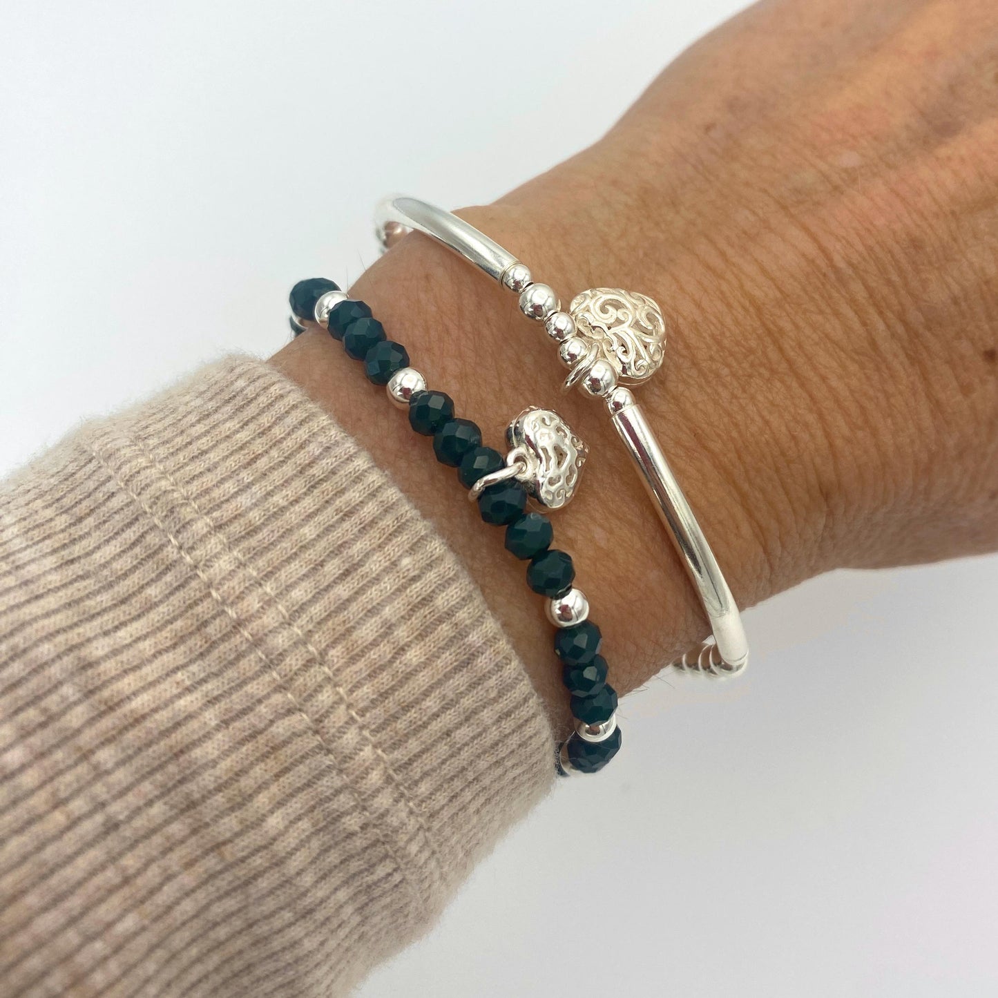 Sterling silver dark green crystal bracelet set heart charm personalized women jewelry gift