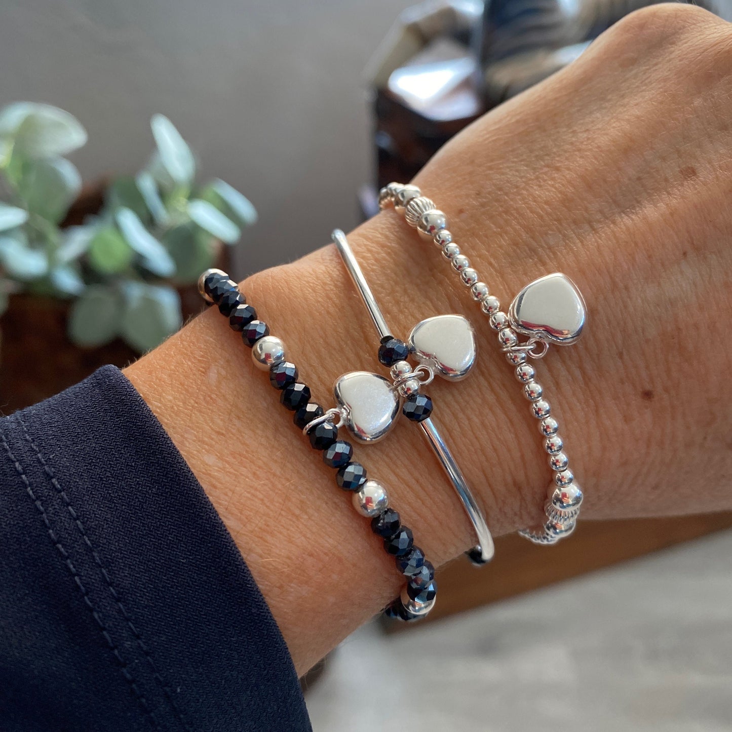 Blue Crystal Heart Bracelet Sterling Silver Charm Layered Jewelry Gift for Her