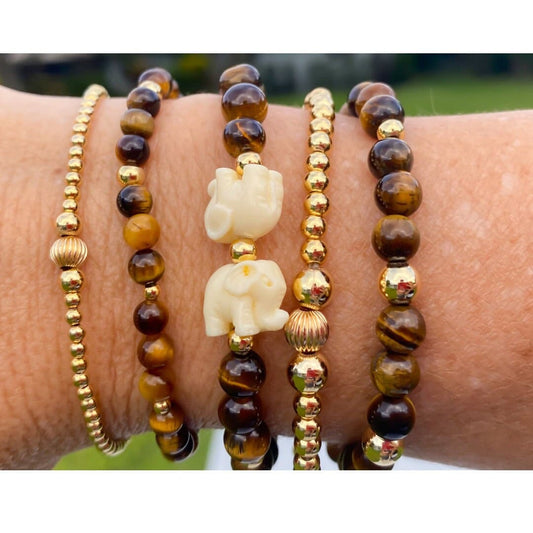 Gold Filled Tiger Eye Bracelet with Elephant Charm Gift for Her