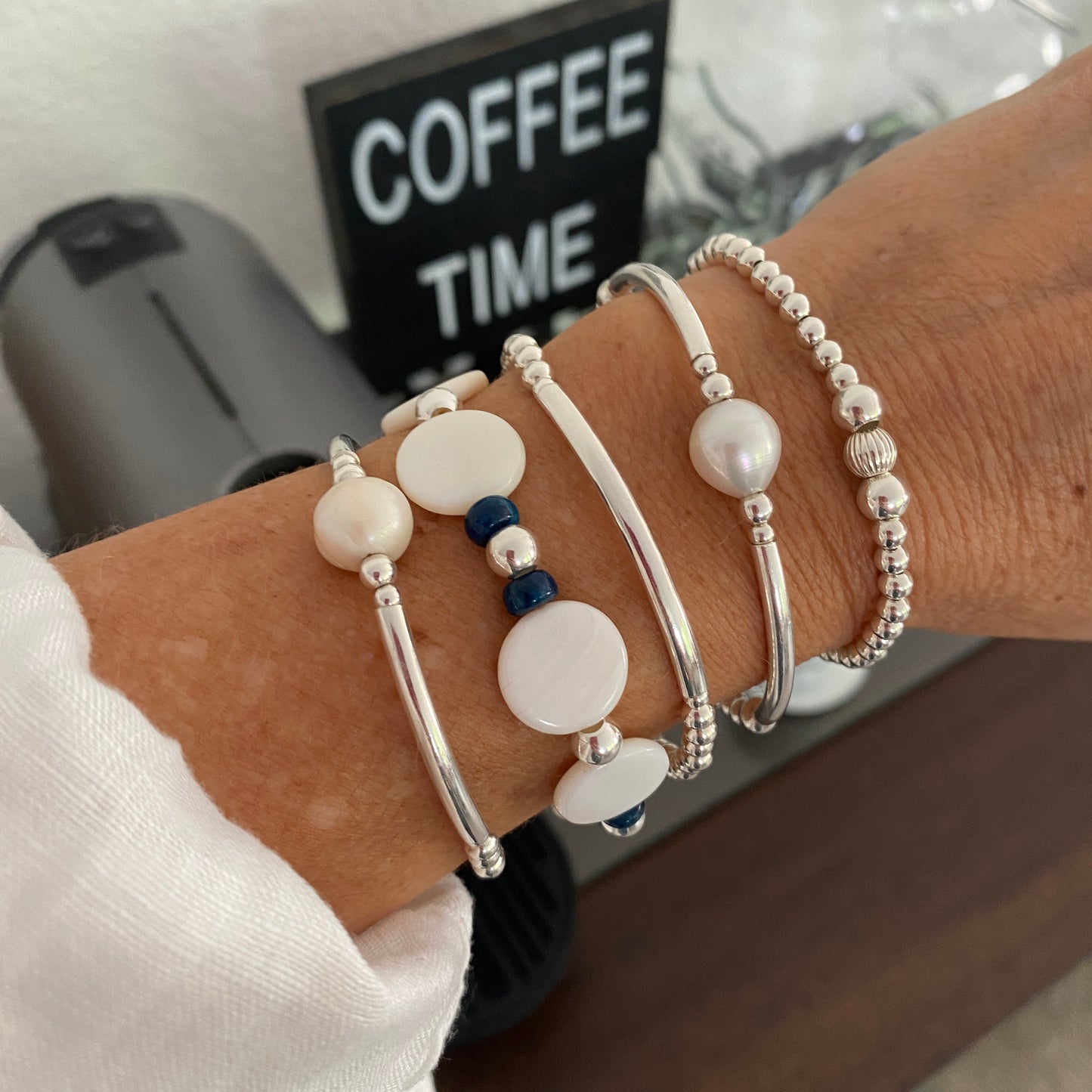 Sterling silver mother of pearls and blue stone bracelet gift for her