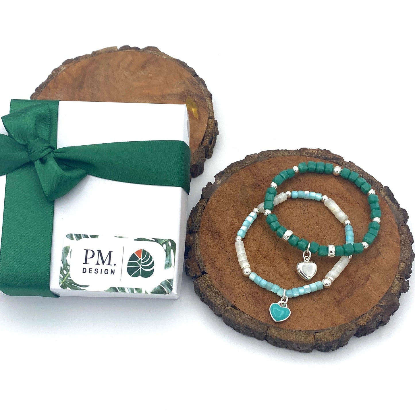 Sterling Silver Blue and green Crystal Bracelet with Personalized Charm for Her