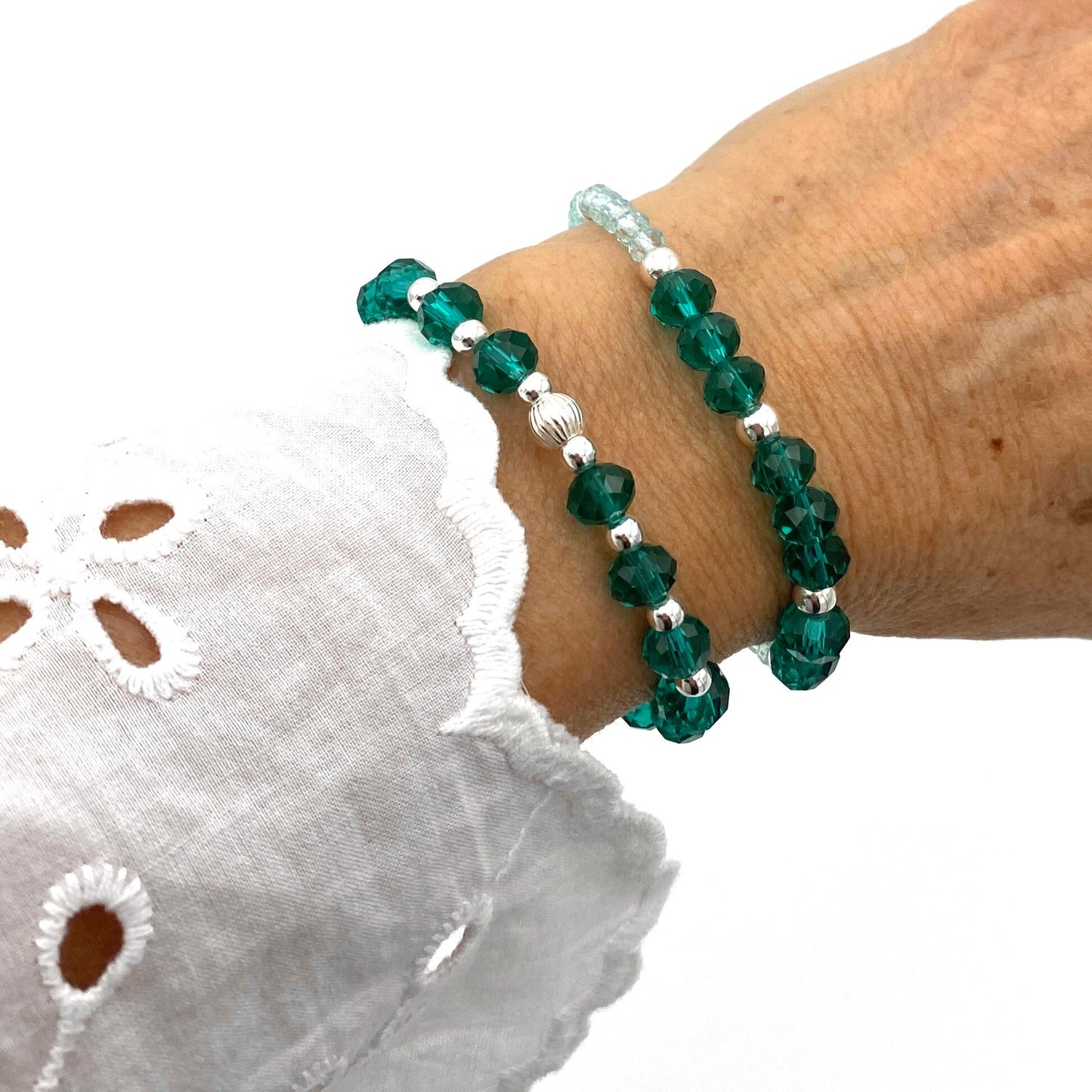 Sterling silver blue green crystal stacking bracelet personalized charm stretchy jewelry women gift