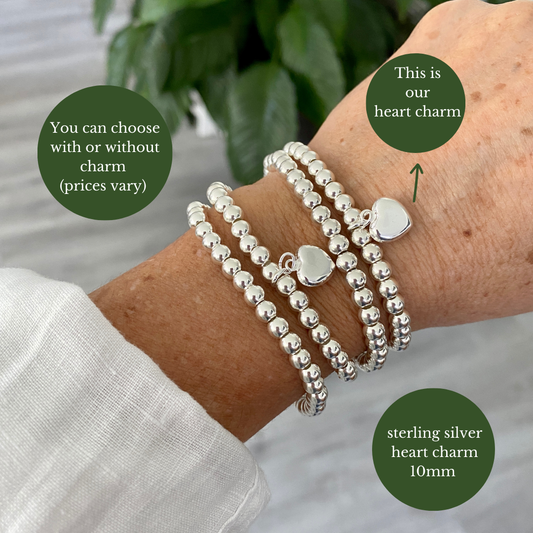 Sterling silver 6mm beaded bracelet stretchy stacking jewelry optional heart charm