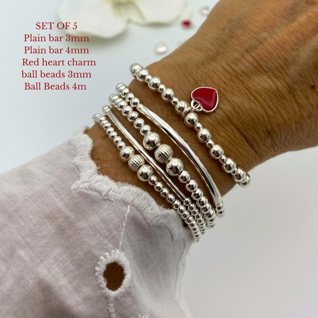 sterling silver red heart charm personalized bracelet stretchy jewelry set gift for women