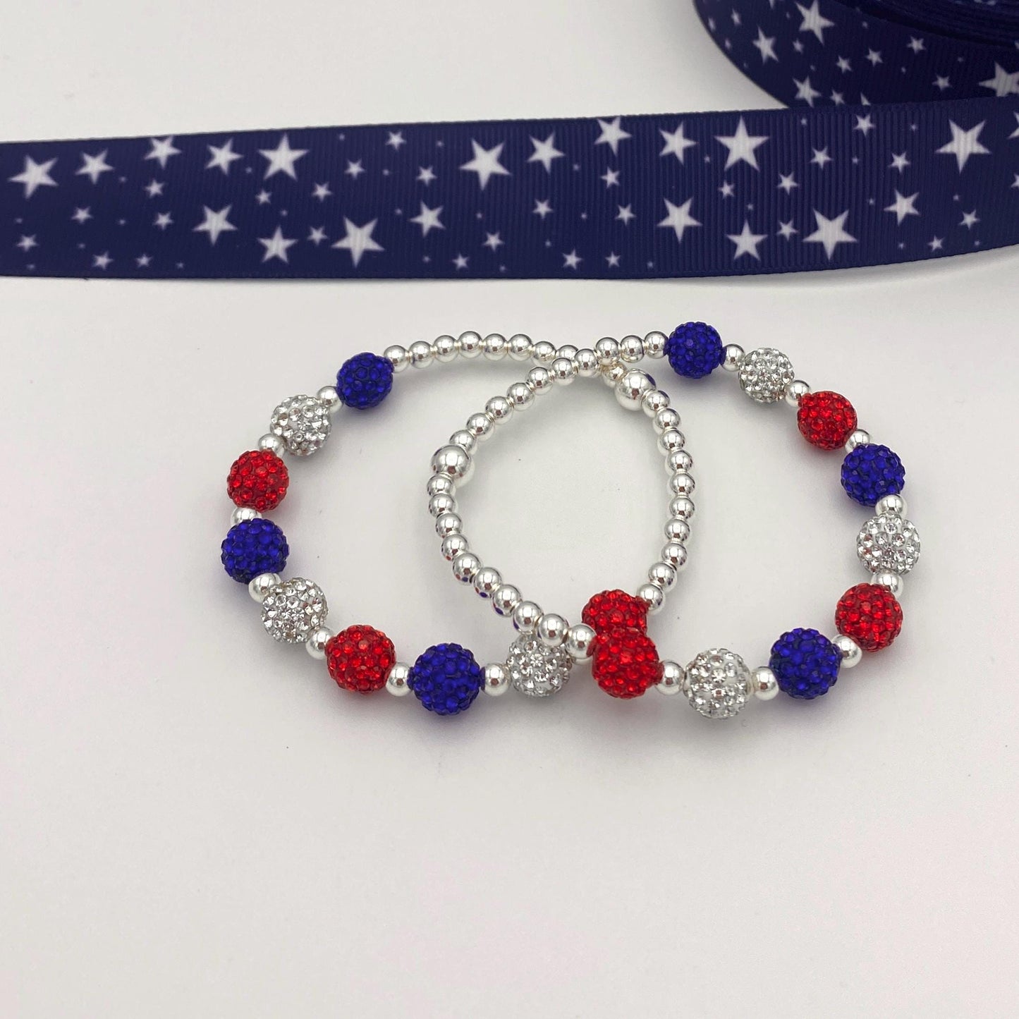 Red white blue bracelet USA crystal jewelry patriotic stretchy gift for her