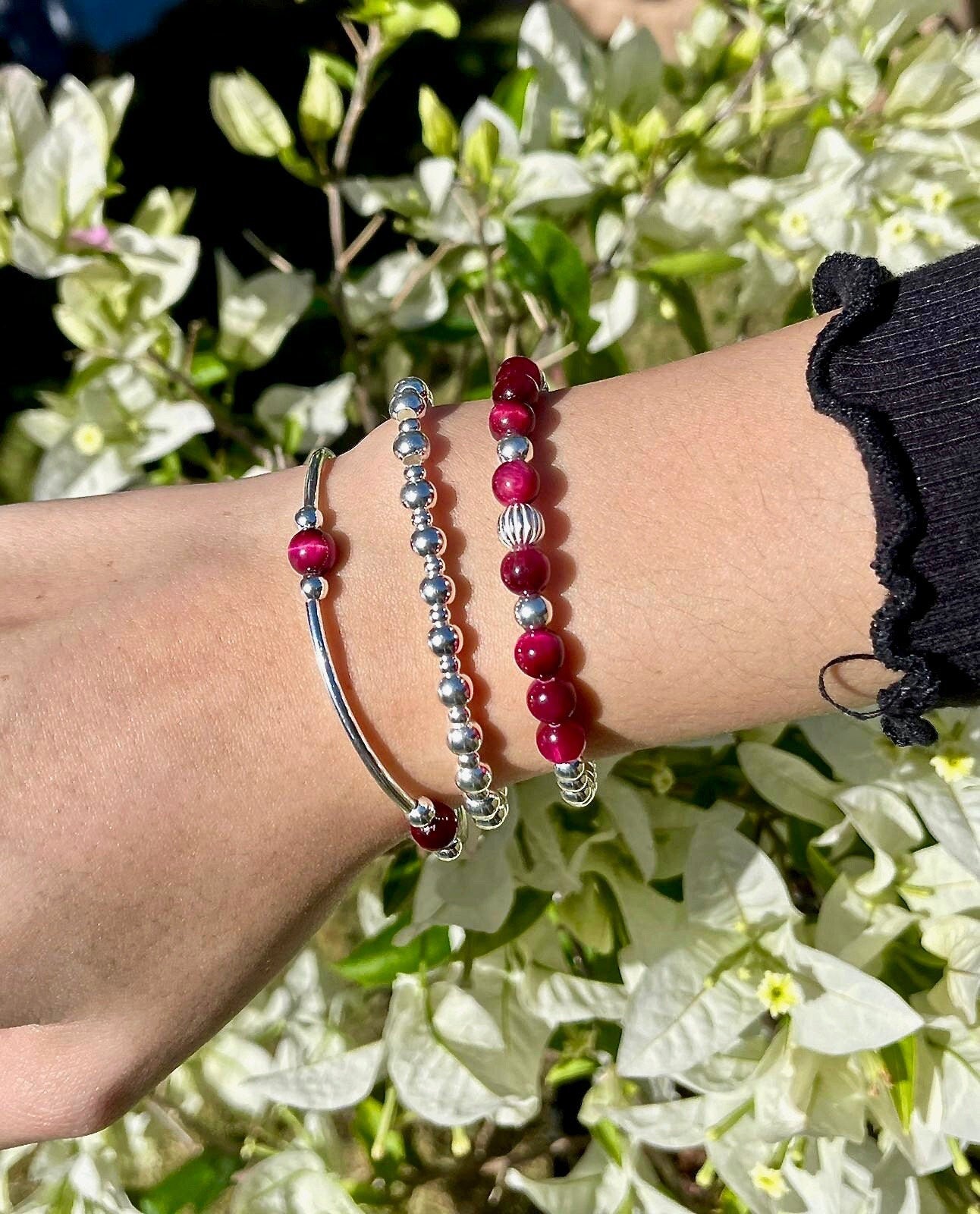 Pink Tiger Eye Sterling Silver Beaded Bracelet Layering Gift for Women