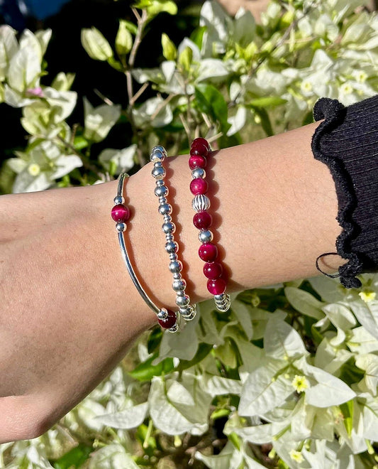 Pink Tiger Eye Sterling Silver Beaded Bracelet Layering Gift for Women