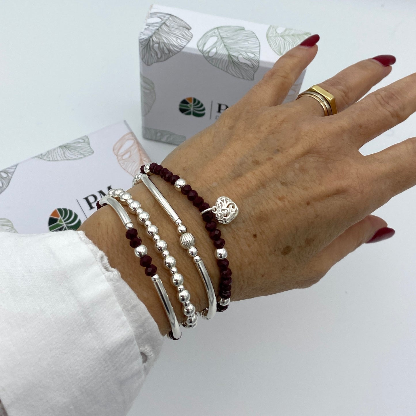 Sterling silver wine crystal bracelet for women heart charm stretchy personalized jewelry gift