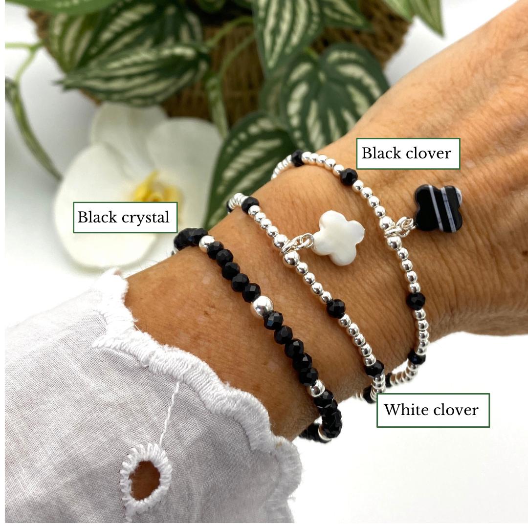 Sterling silver flower charm bracelet black and white jewelry gift for mom classic floral piece for her