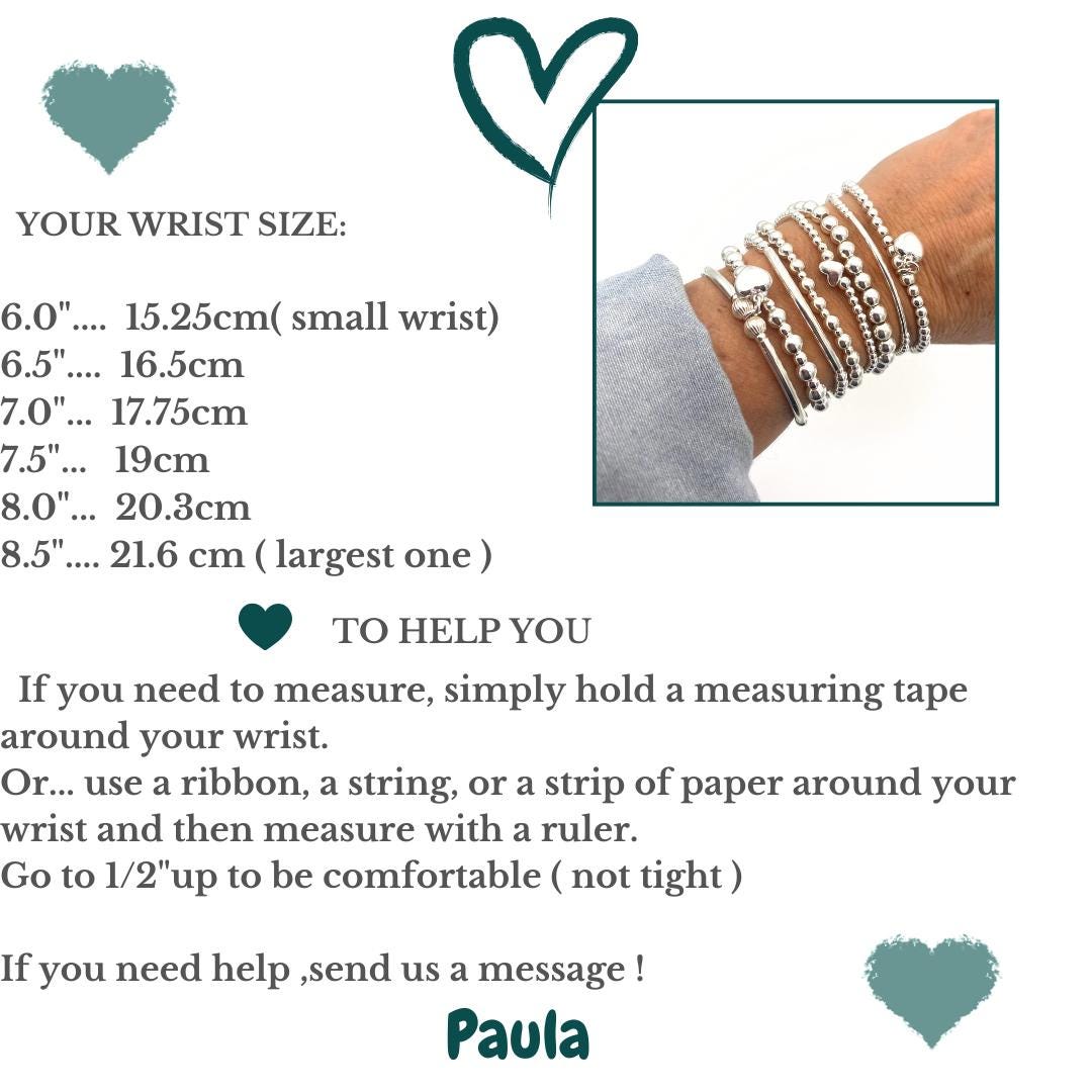 Sterling silver heart charm bracelet for women beaded stretchy jewelry birthday friendship gift