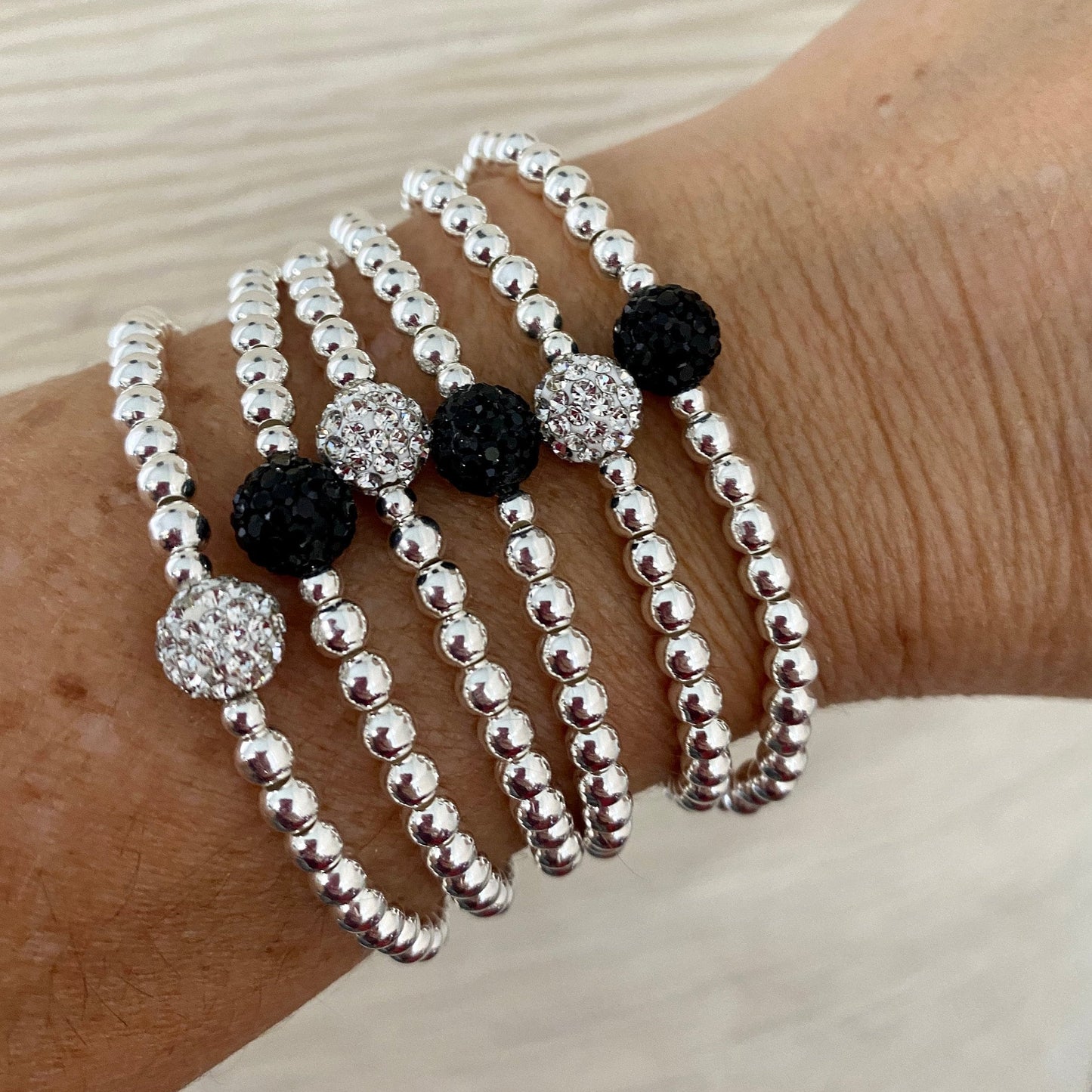 Sterling Silver Black and White Crystal Bracelet rhinestone ball bead friendship jewelry set