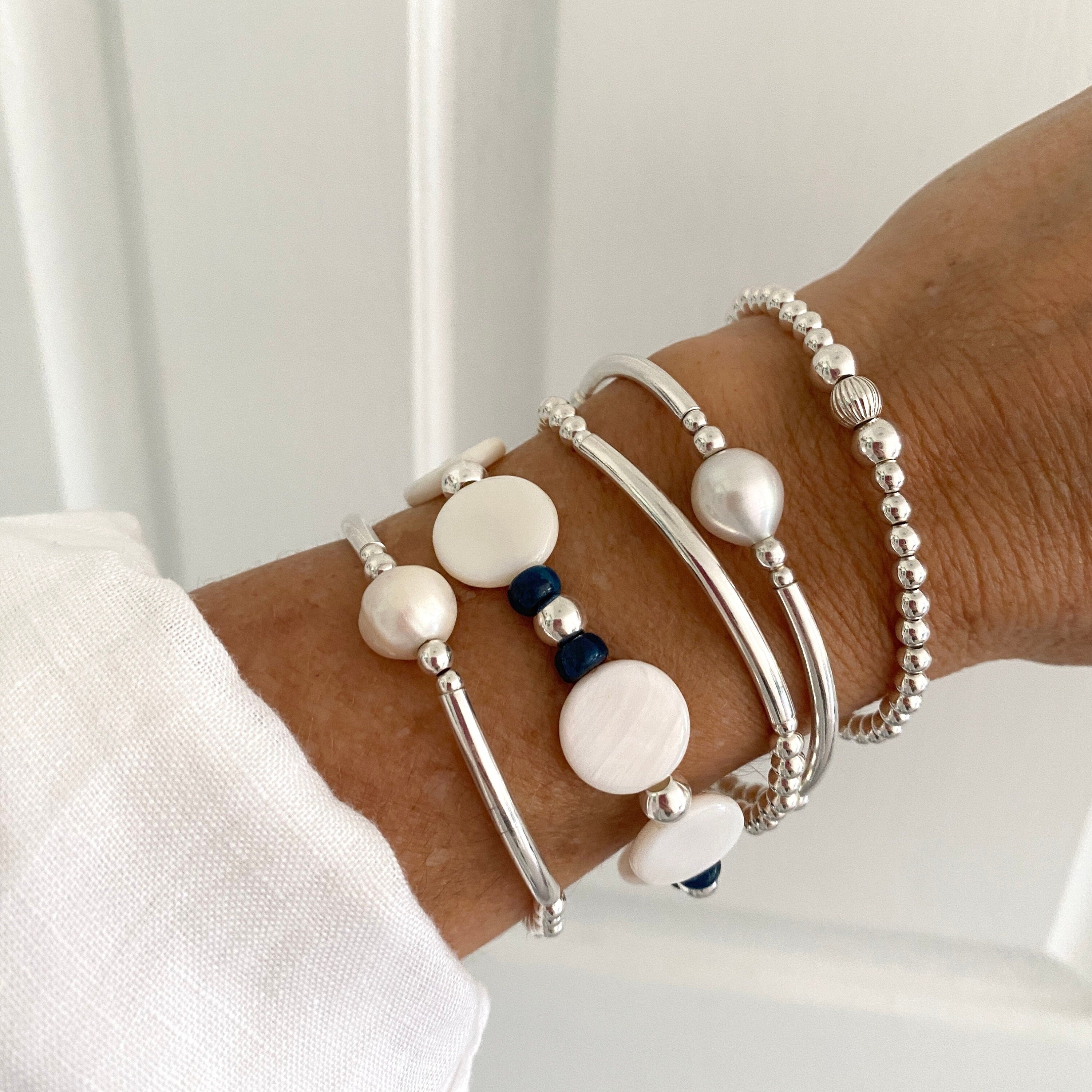 Sterling Silver Mother of Pearl and Blue Apatite Bracelet Set