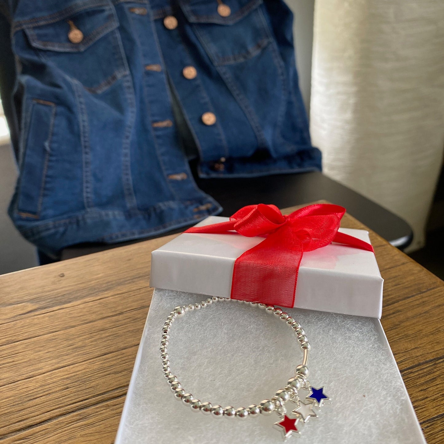 Patriotic stars bracelet set red white blue charms sterling silver USA gift