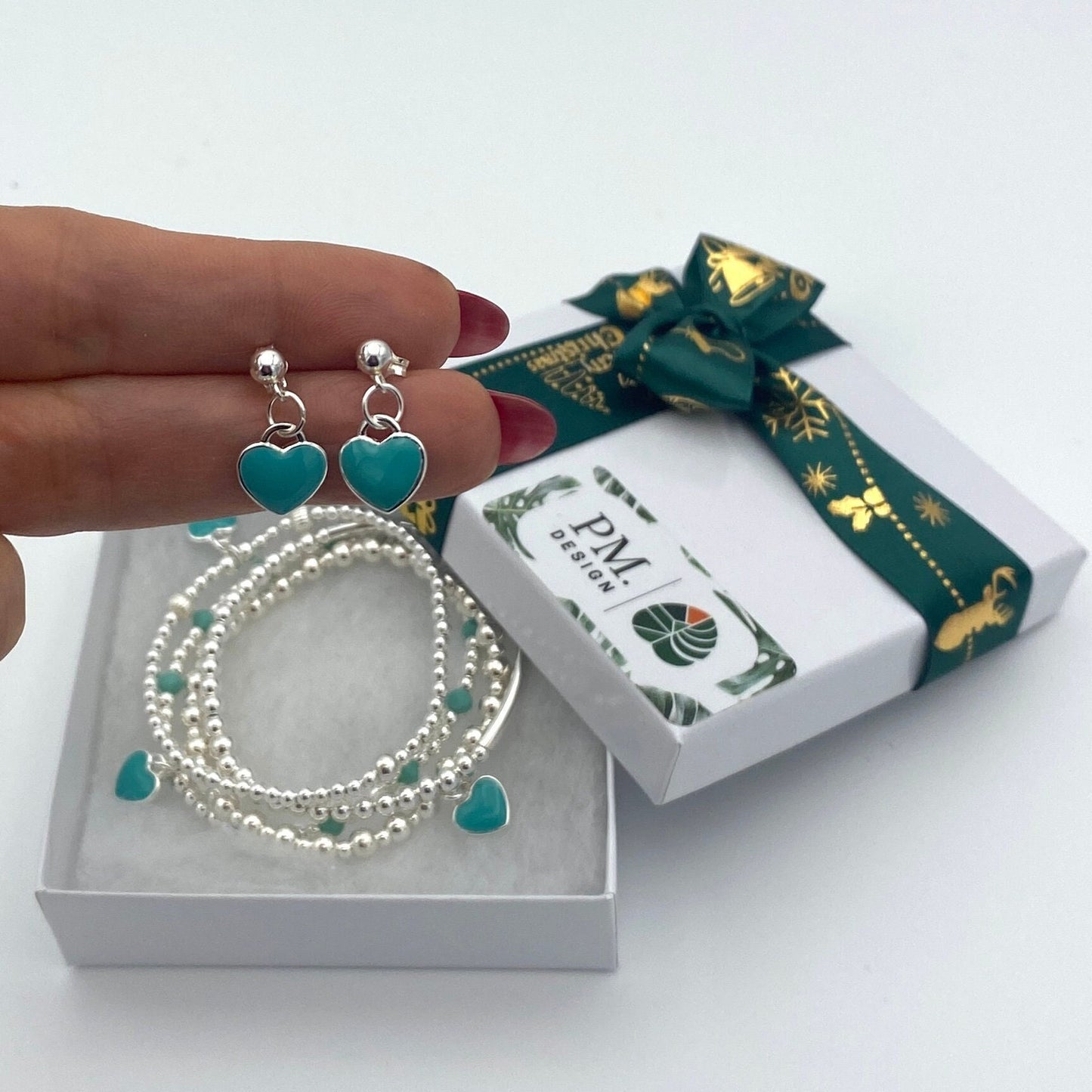 Sterling silver blue heart bracelet and earrings set personalized friendship women jewelry