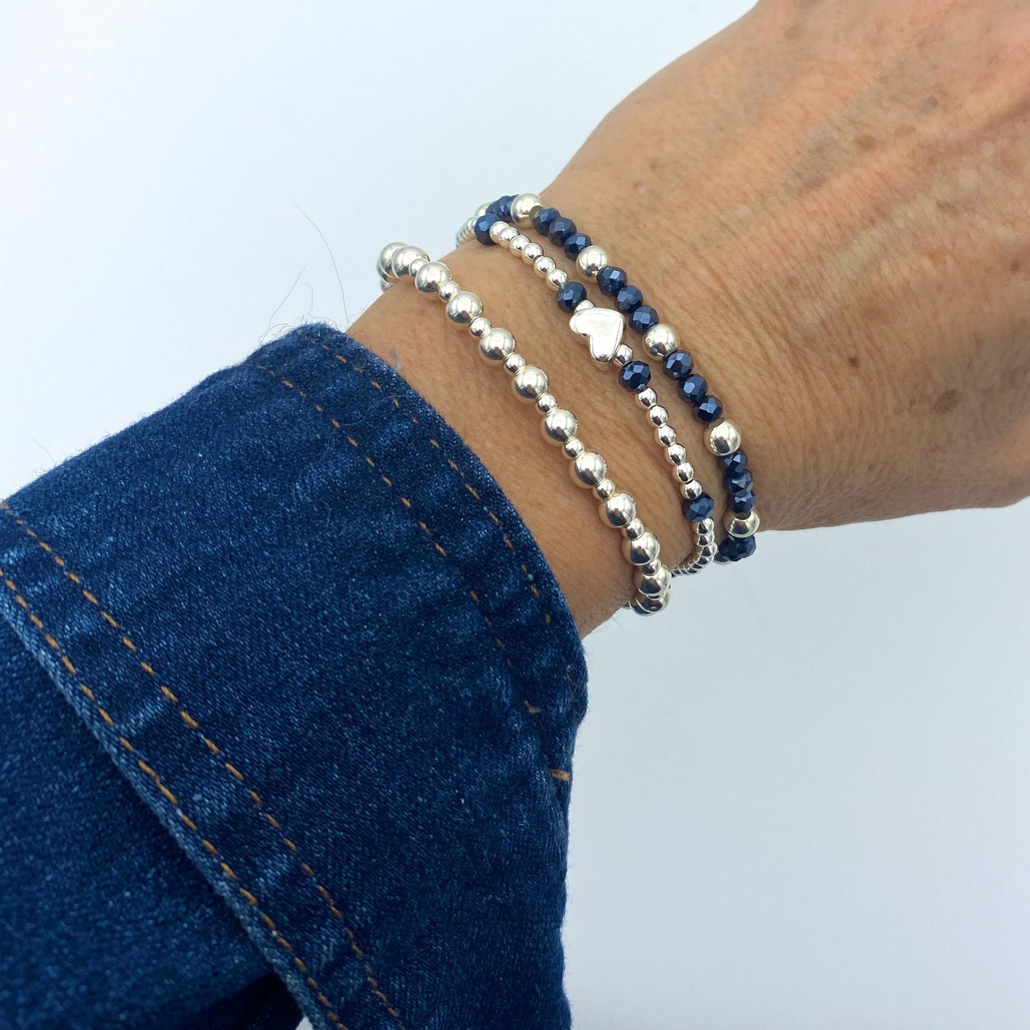 Sterling silver blue crystal bracelet set heart charm beaded stretchy jewelry gift