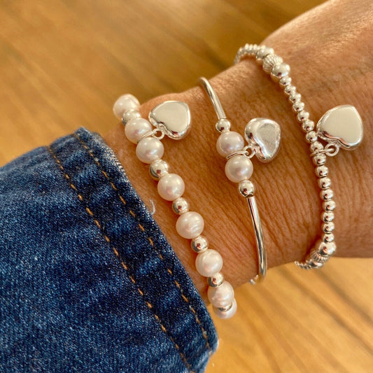 Sterling silver heart charm pearl bracelet set personalized gift for her elegant silver and pearl jewelry