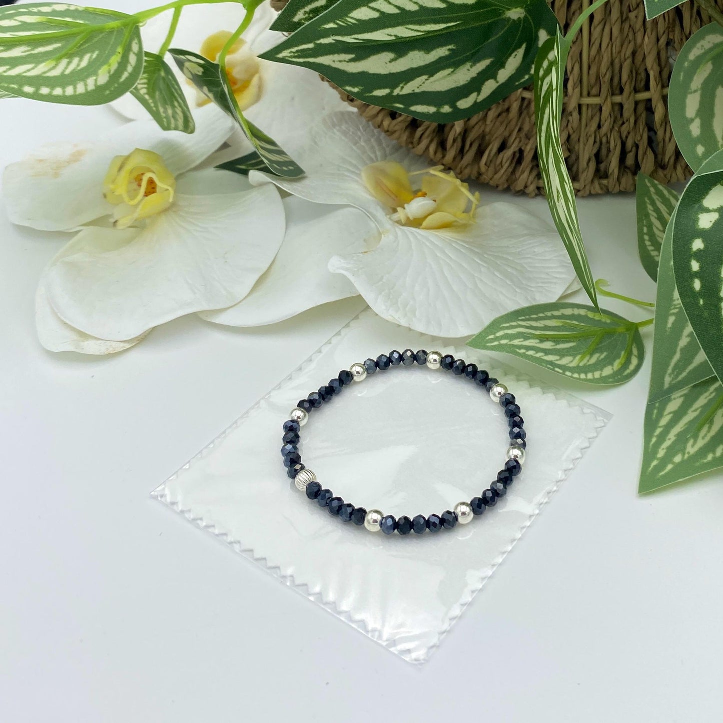 Sterling silver spring flower bracelet blue crystal daisy charm gift for her or mom