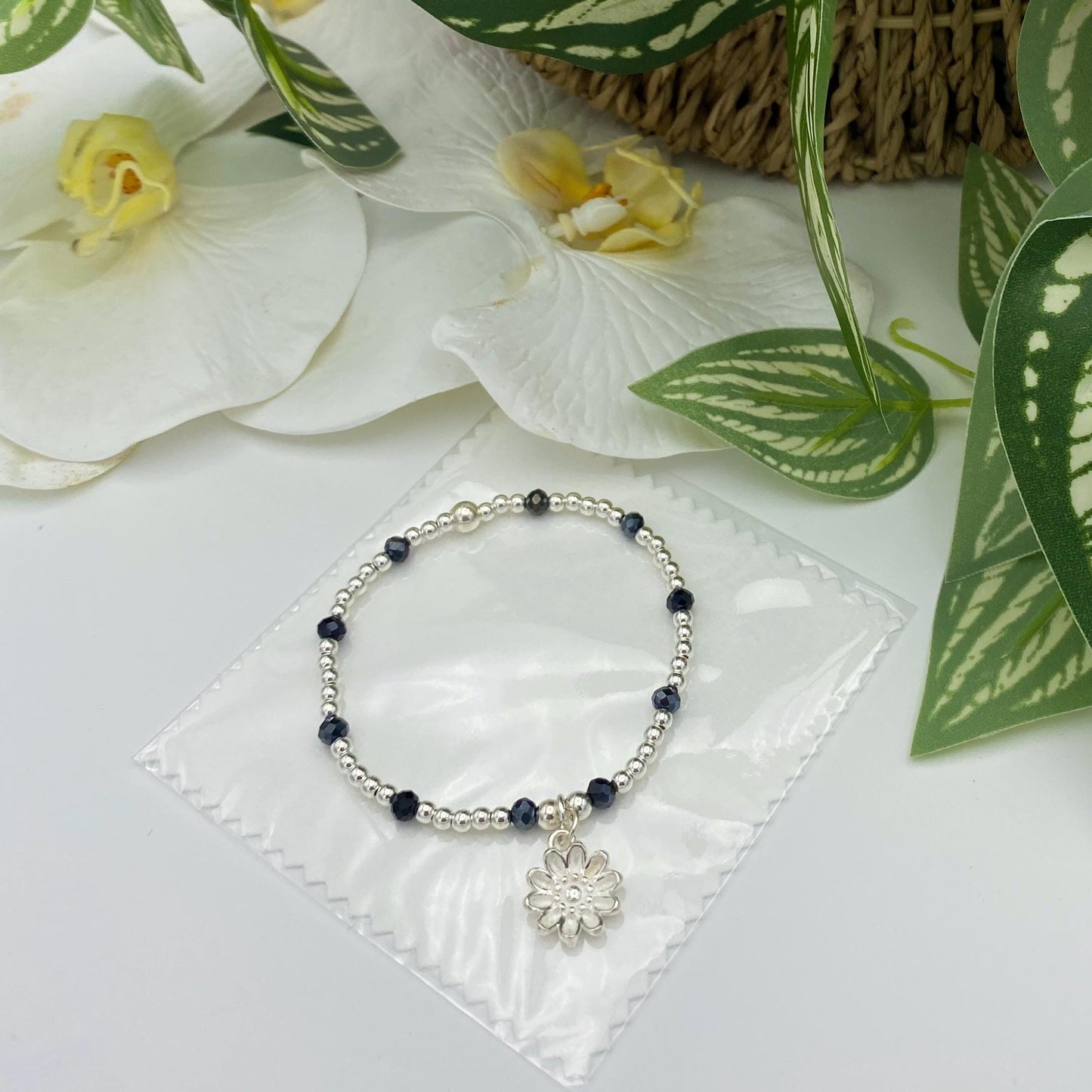 Sterling silver spring flower bracelet blue crystal daisy charm gift for her or mom