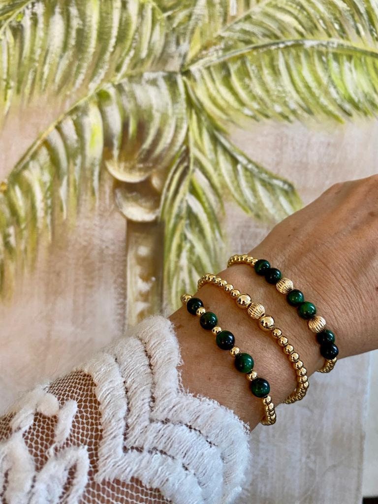Gold Filled Green Bracelet Tiger Eye Beaded Jewelry for Women