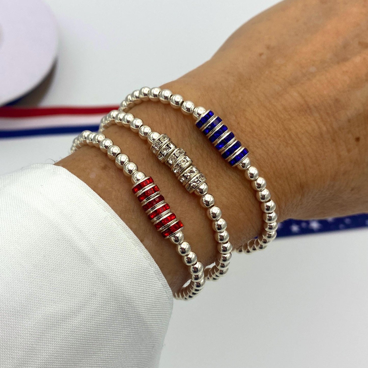 Red white blue bracelet set USA flag crystal jewelry 4th of July