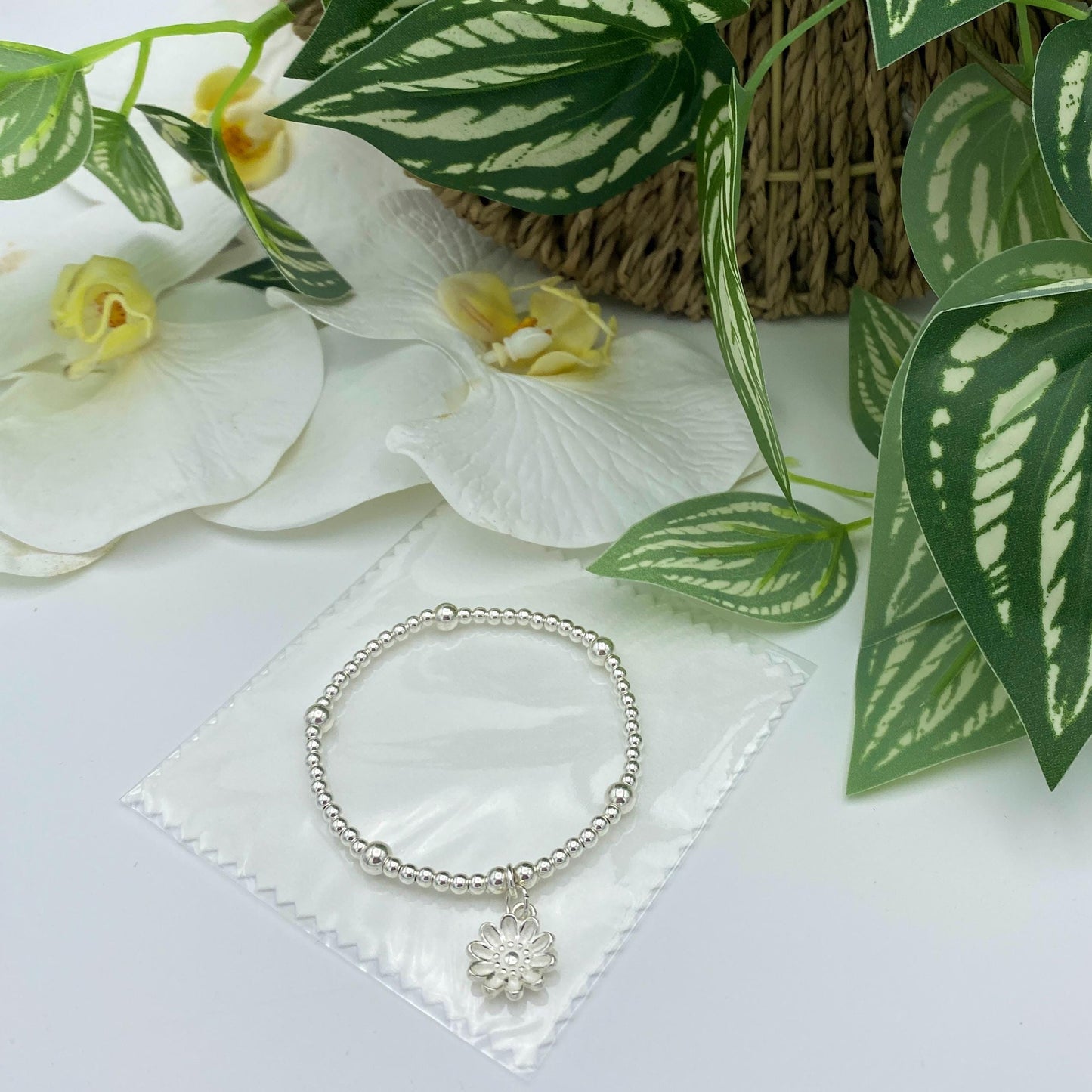 Sterling silver spring flower bracelet blue crystal daisy charm gift for her or mom