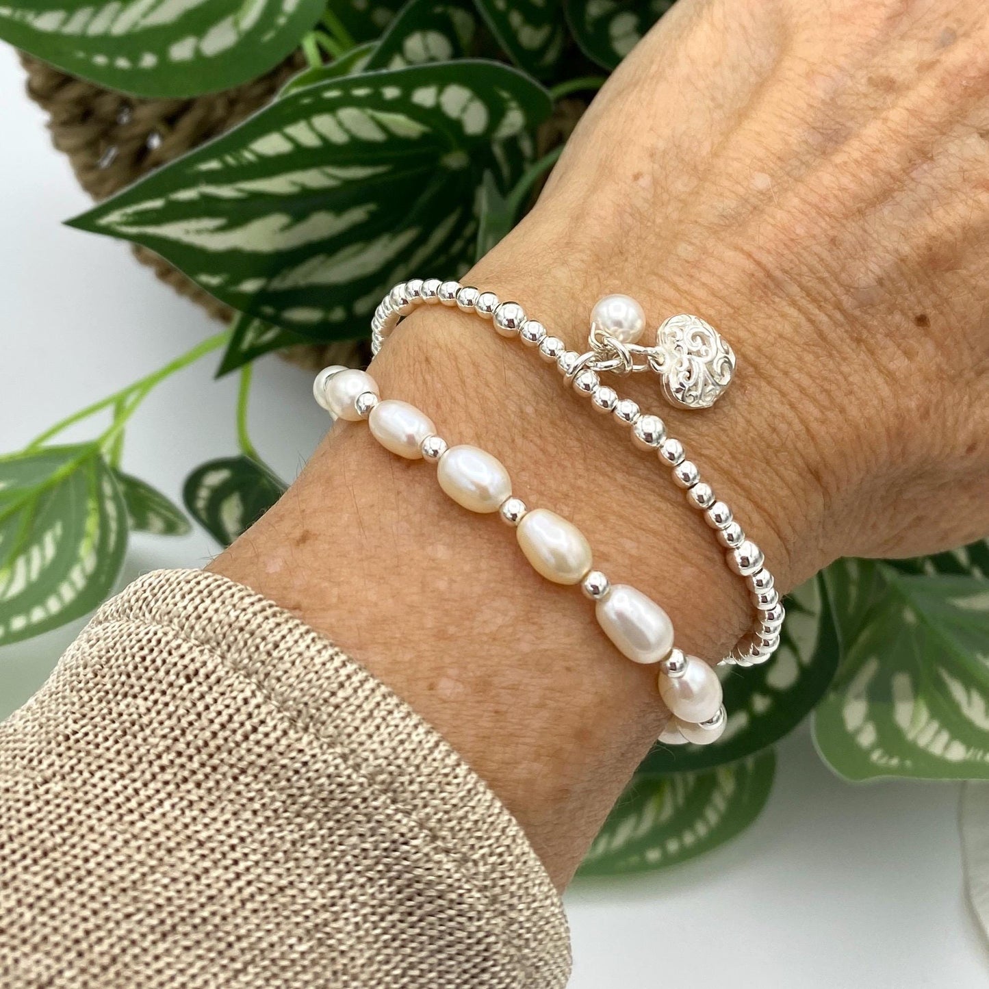 Freshwater pearl bracelet set sterling silver women minimalist jewelry pearl and heart charm wedding day accessory