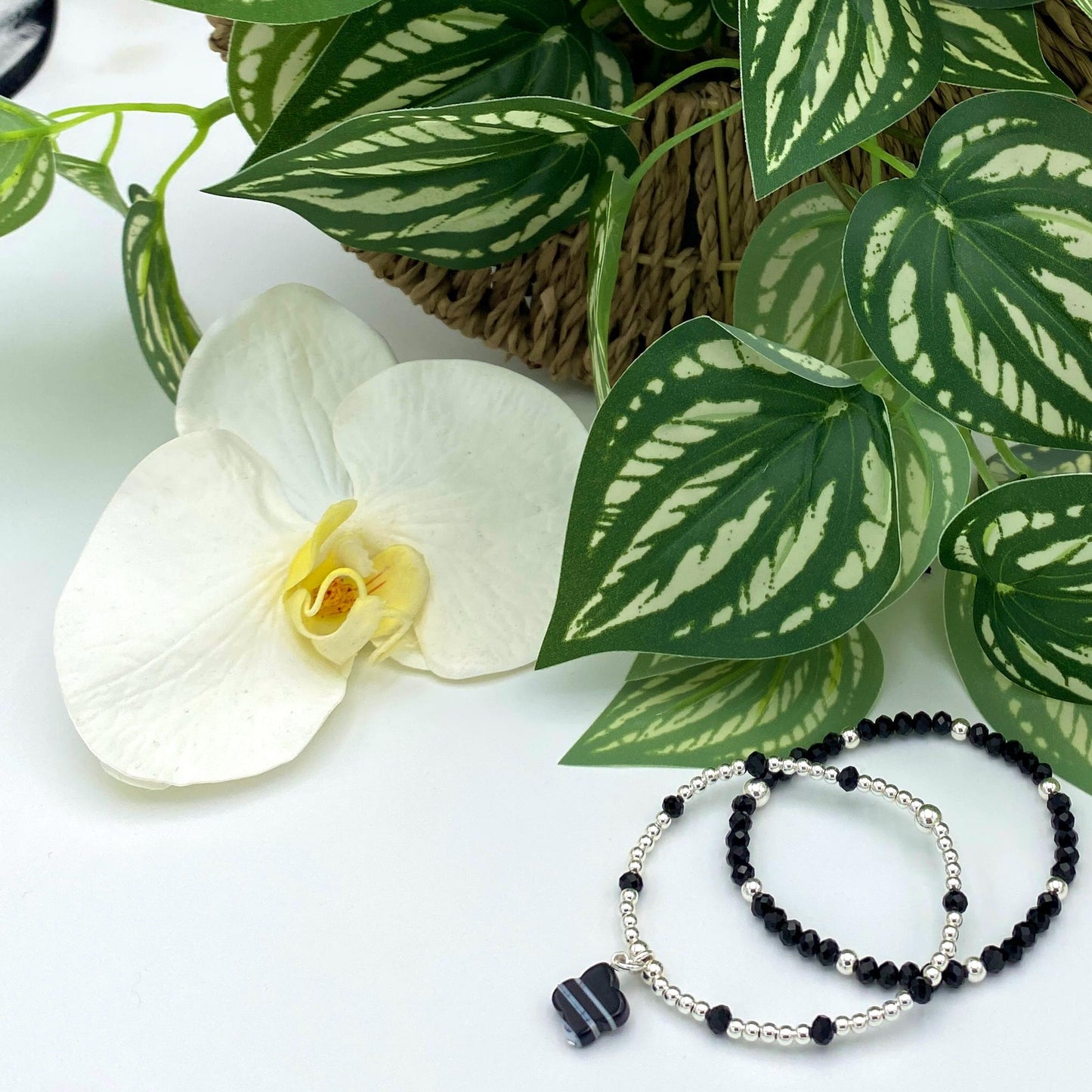 Sterling silver flower charm bracelet black and white jewelry gift for mom classic floral piece for her