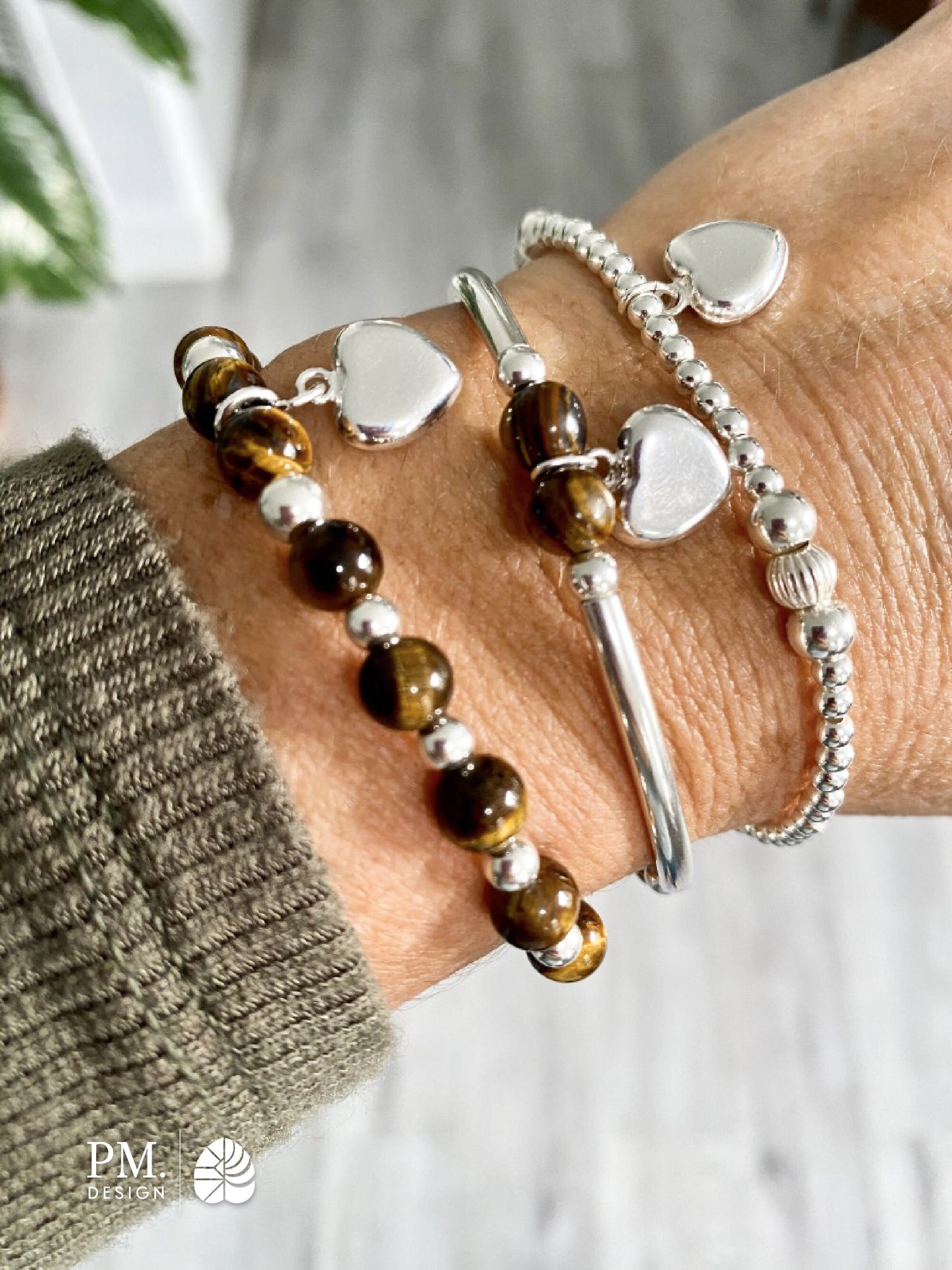 Tiger's eye sterling silver charm bracelet beaded stretchy heart jewelry set