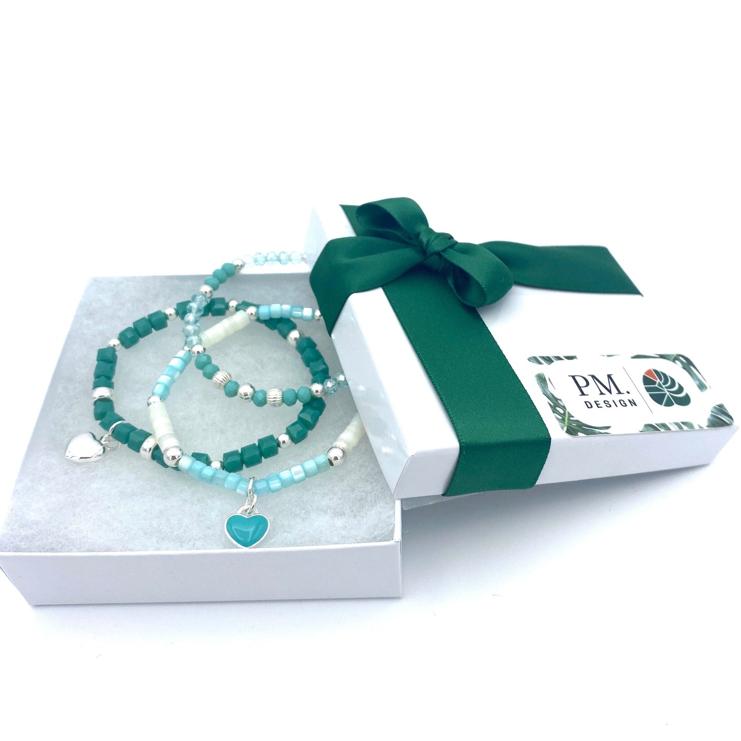Sterling Silver Blue and green Crystal Bracelet with Personalized Charm for Her