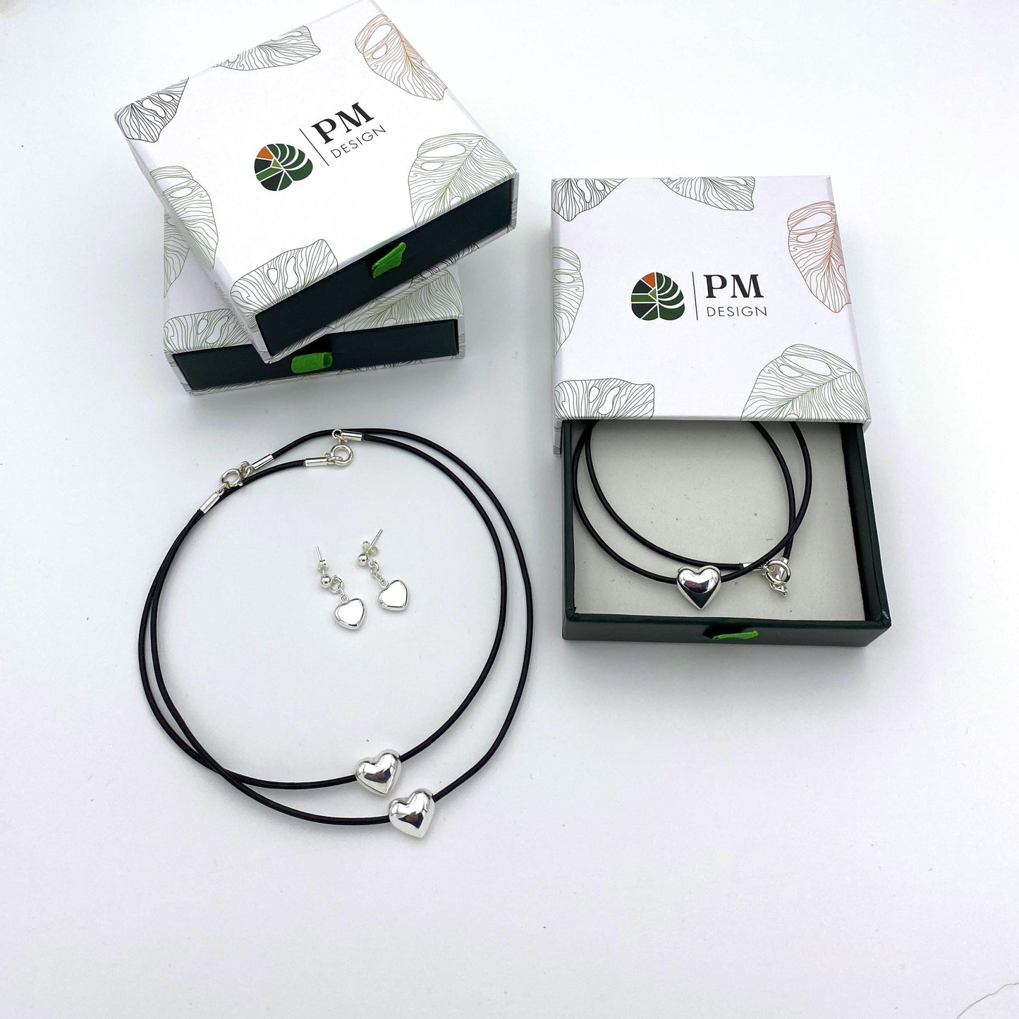 Leather Choker and Silver Earrings Set with Heart Charm Personalized Gift for Her