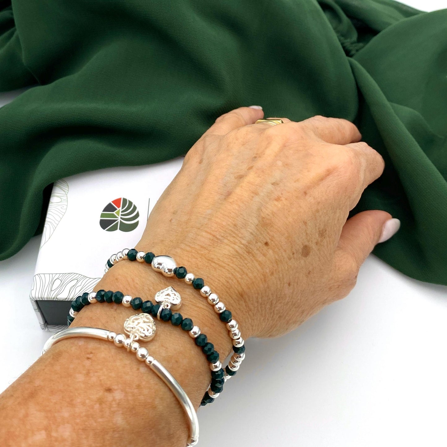 Sterling silver dark green crystal bracelet set heart charm personalized women jewelry gift