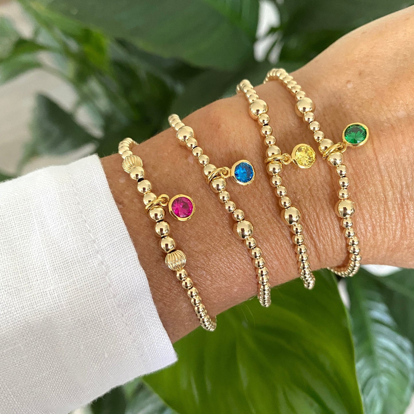 Gold birthstone charm bracelet for her crystal color jewelry gift