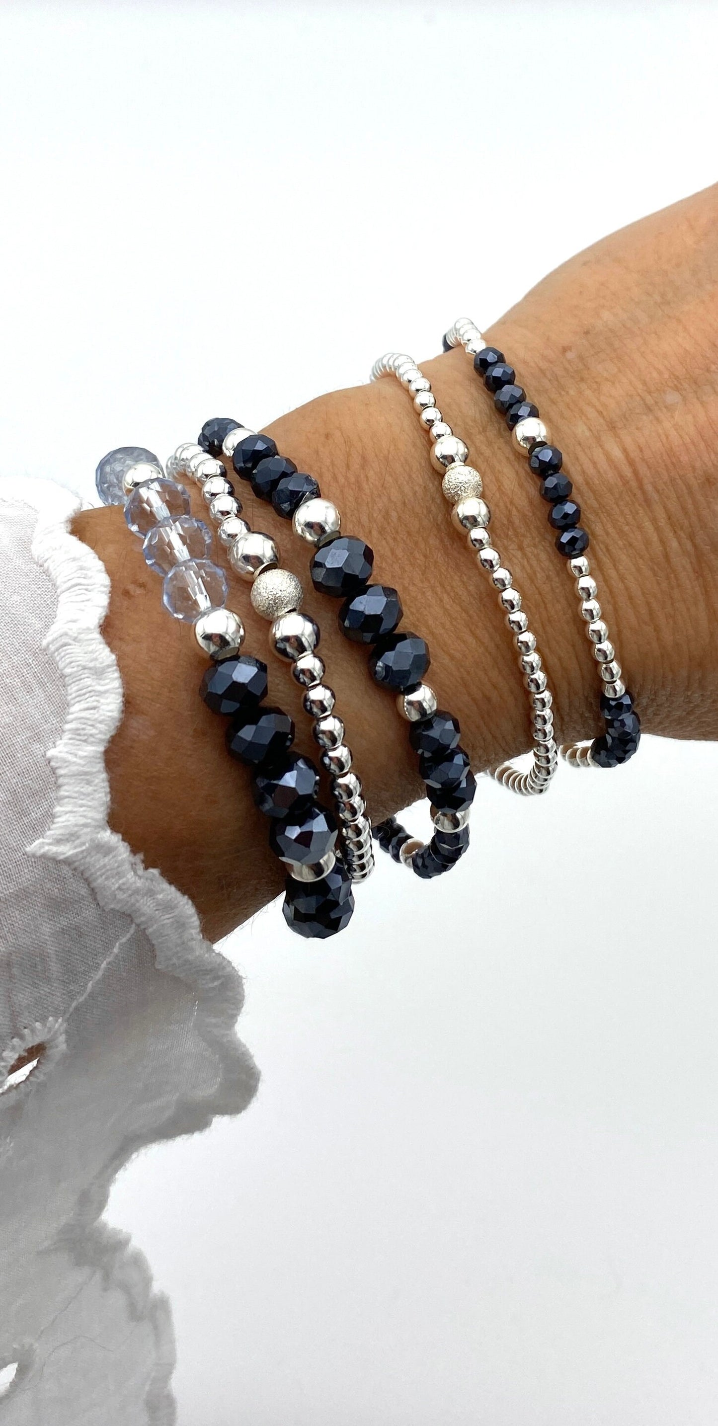 Blue Crystal Silver Bracelet Sterling Beaded Stack Gift for Women Jewelry Set