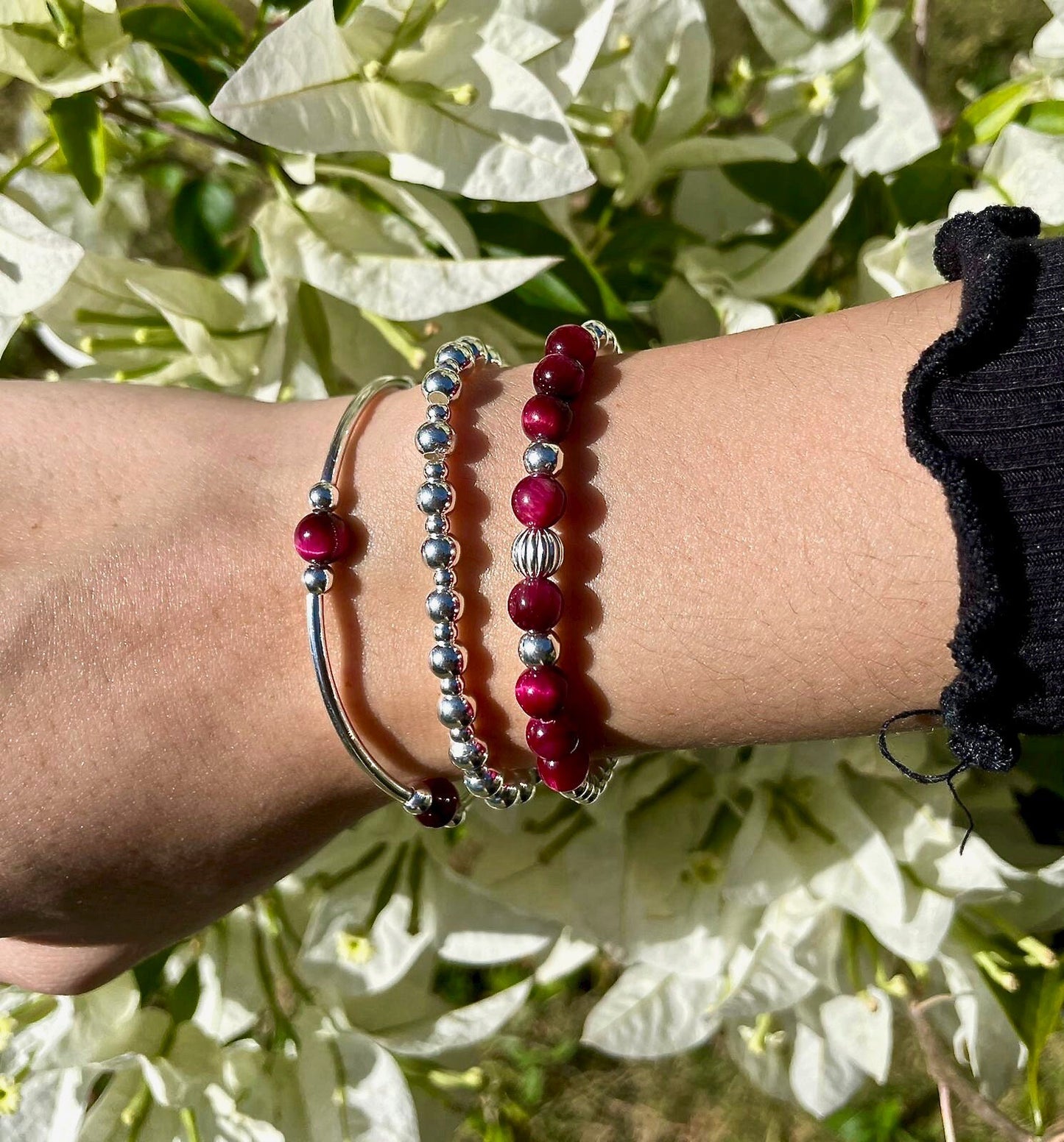 Pink Tiger Eye Sterling Silver Beaded Bracelet Layering Gift for Women