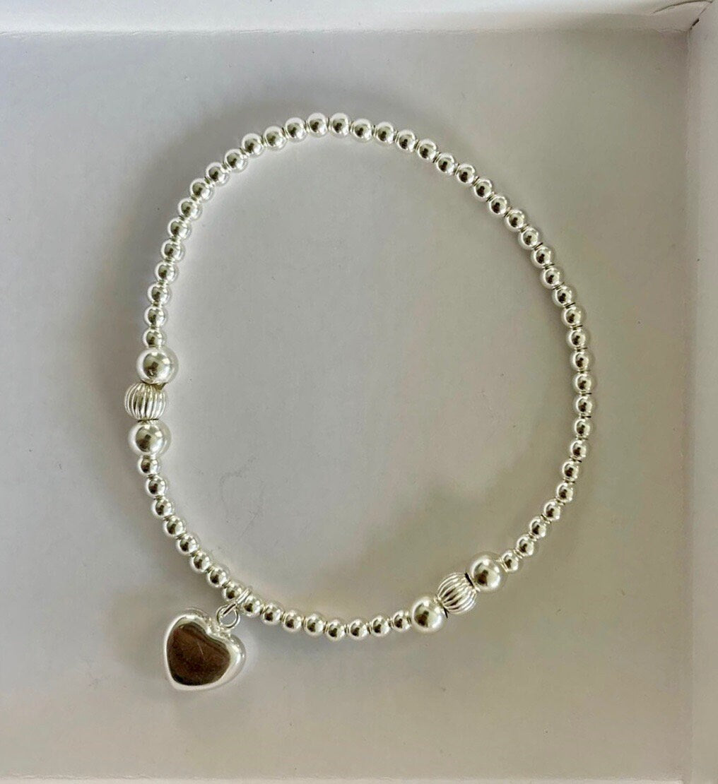 Blue Crystal Heart Bracelet Sterling Silver Charm Layered Jewelry Gift for Her