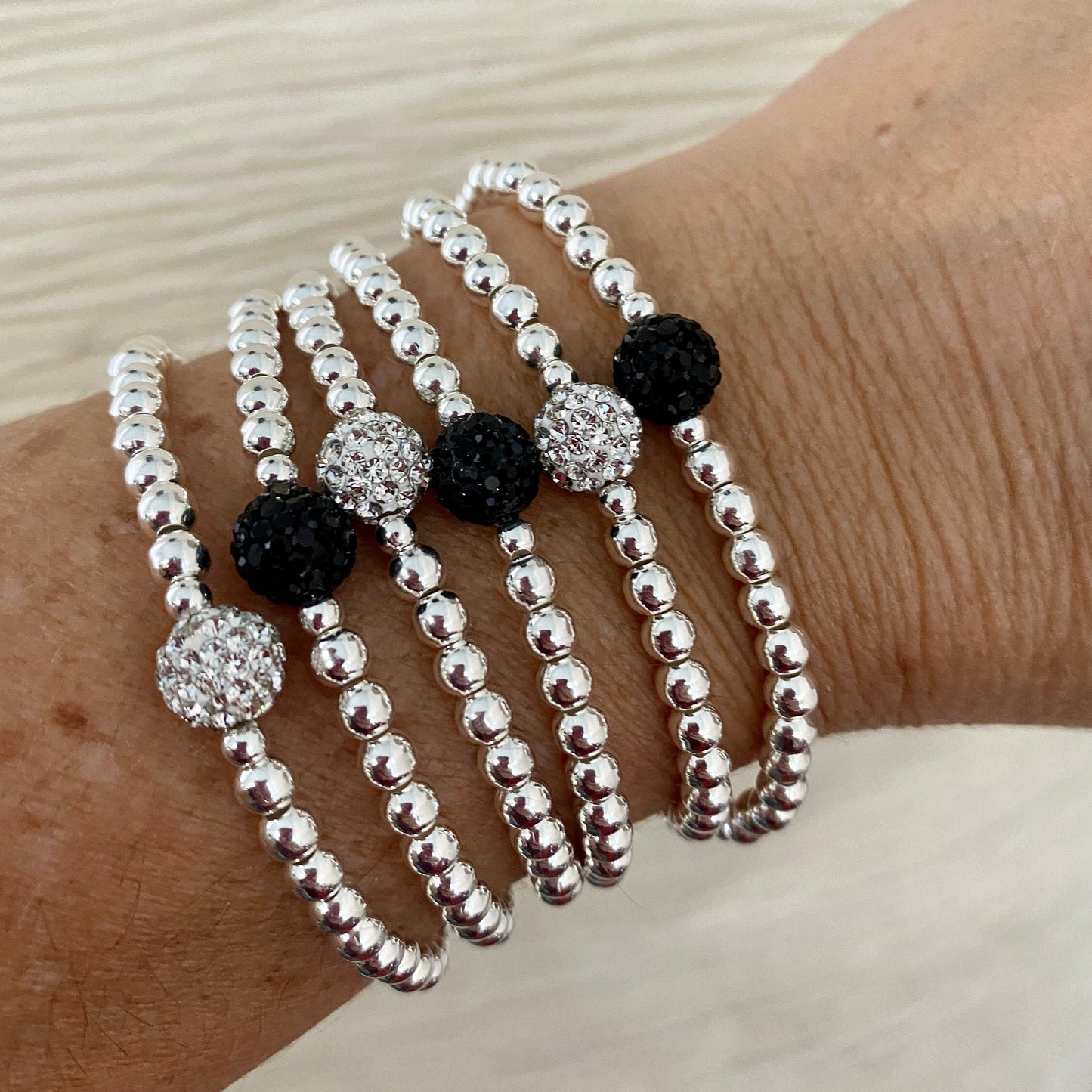 Sterling silver black and white crystal bracelet beaded and tubes rhinestone women jewelry gift