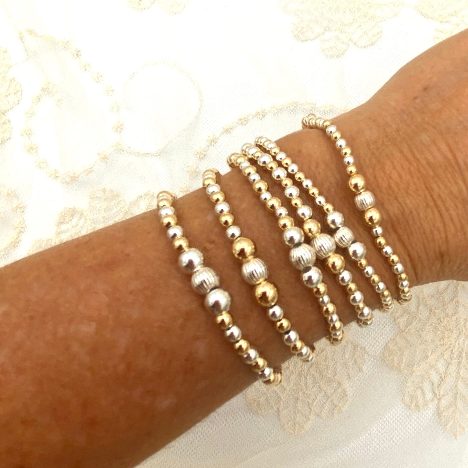 Sterling Silver and Gold Filled Beaded Bracelet -  Silver Center