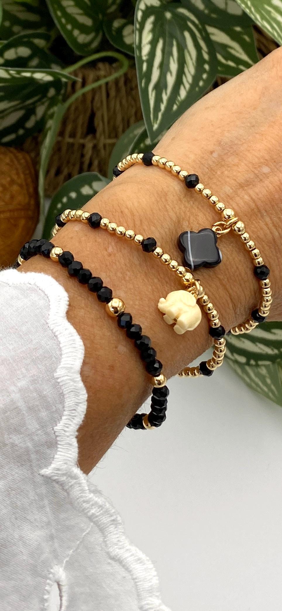 Gold filled spring charm bracelet nature inspired flower and elephant jewelry gift for women