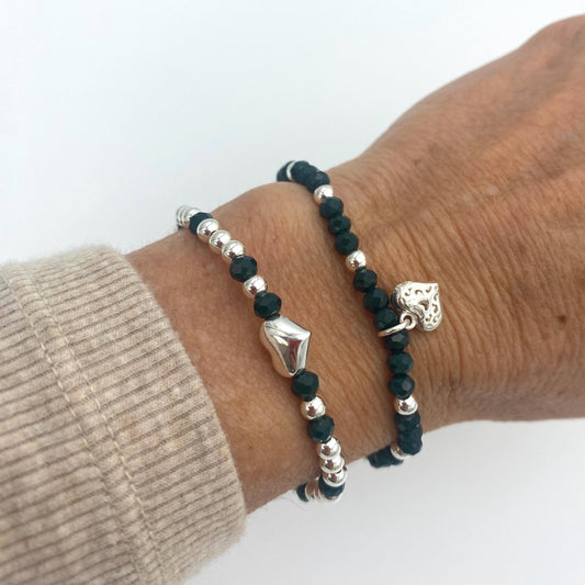 Sterling silver dark green crystal bracelet set heart charm personalized women jewelry gift